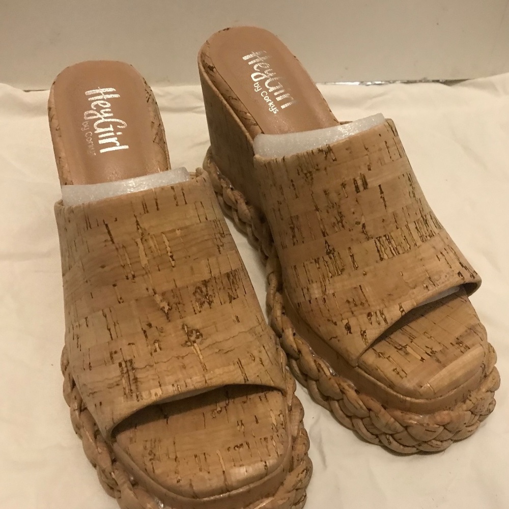 Hey Girl by Corkys cork heeled wedge. Braided cork detail around the bottom edge